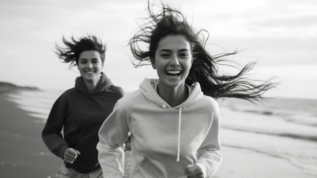 monochrome portrait women jogging beach monochrome portrait women jogging beach